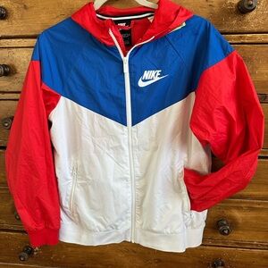 Nike Women's Red, Blue, and White Hooded Jacket